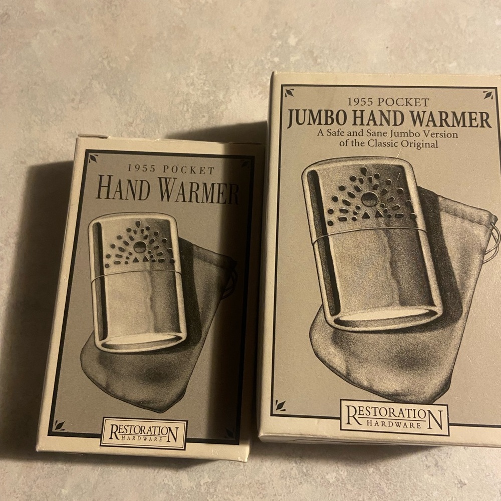 Restoration Hardware Silver and Cream 1955 Pocket Jumbo Hand Warmer Box